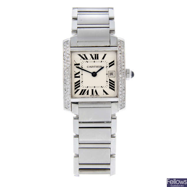 CARTIER - a mid-size diamond set stainless steel Tank Francaise bracelet watch.