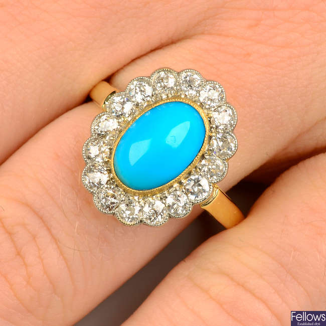 An 18ct gold turquoise and old-cut diamond cluster ring.