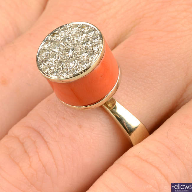 A coral and pavé-set diamond 'Art Design' ring, by Günter Krauss.