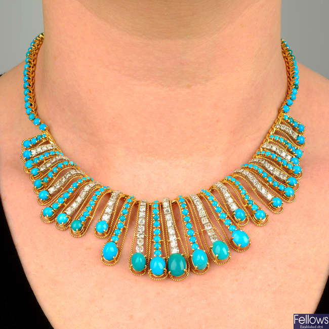A mid 20th century platinum and 18ct gold turquoise and diamond fringe necklace.