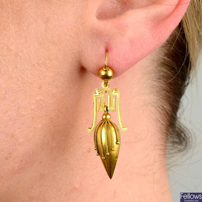 A pair of late Victorian gold cannetille and Greek-Key motif earrings.