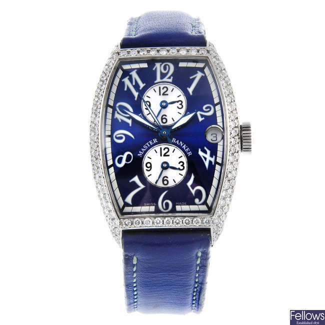FRANCK MULLER - a mid-size stainless steel Master Banker Triple-Time wrist watch.
