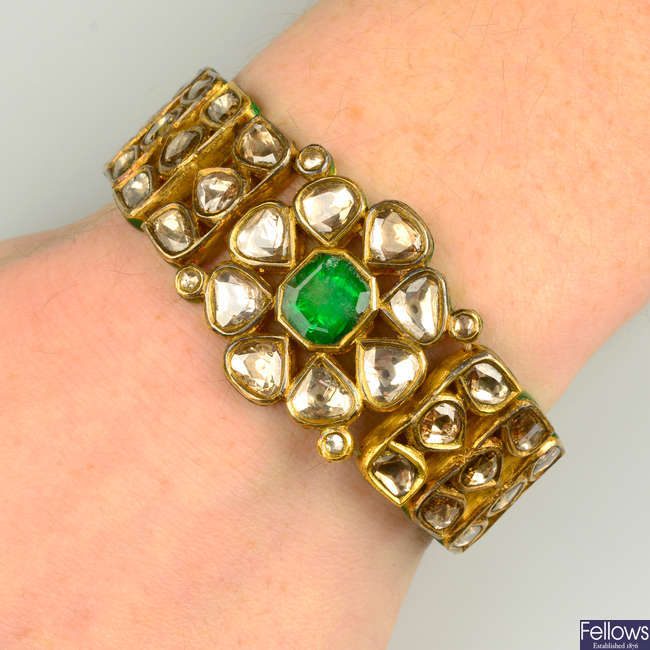 A Kundan emerald and polki diamond enamel bracelet.