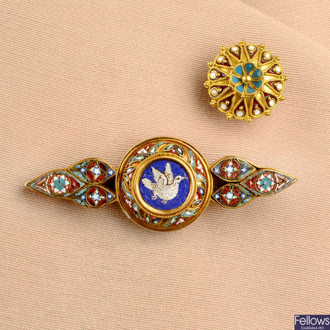 Two items of mid to late 19th century gold Archaeological Revival jewellery, to include a micro mosaic brooch and a stickpin.