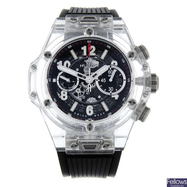 CURRENT MODEL: HUBLOT - a gentleman's bi-material Unico Magic Sapphire chronograph wrist watch.