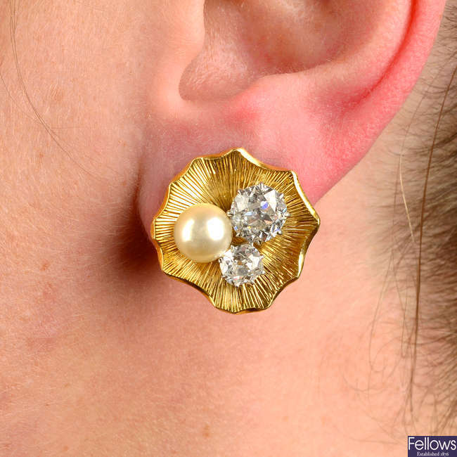 A pair of 1960s 18ct gold old-cut diamond and pearl textured earrings.