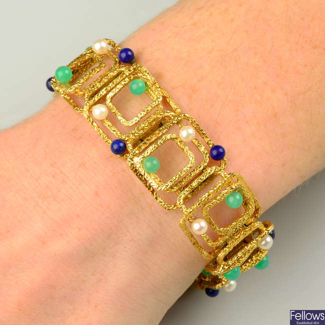 A lapis lazuli, chrysoprase and seed pearl textured bracelet.