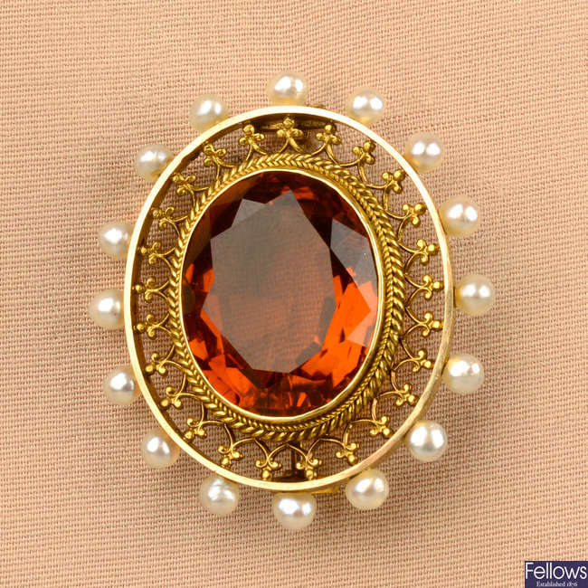A late Victorian gold citrine and seed pearl brooch.