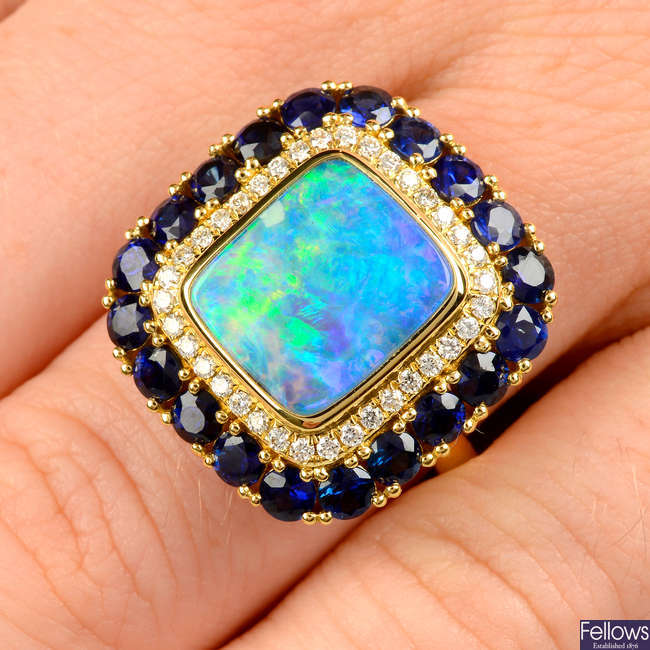 An opal, sapphire and diamond dress ring, by Fei Liu.