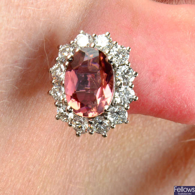 A pair of 18ct gold pink tourmaline and brilliant-cut diamond cluster earrings.