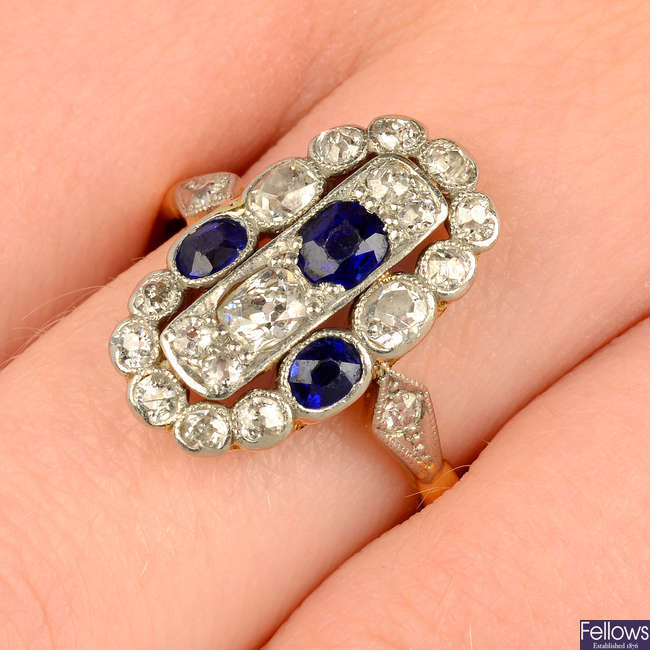 An early 20th century 18ct gold sapphire and old-cut diamond dress ring.