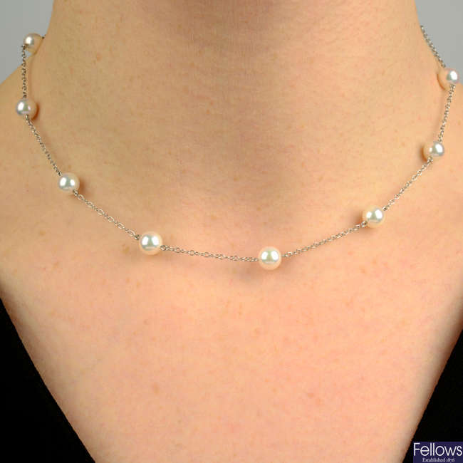 An Akoya cultured pearl necklace, by Mikimoto.