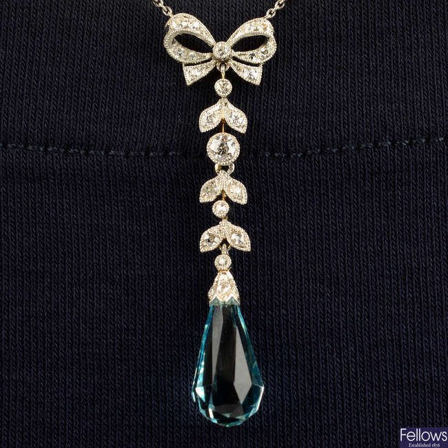 An early 20th century Belle Époque platinum and gold, aquamarine briolette and diamond necklace.