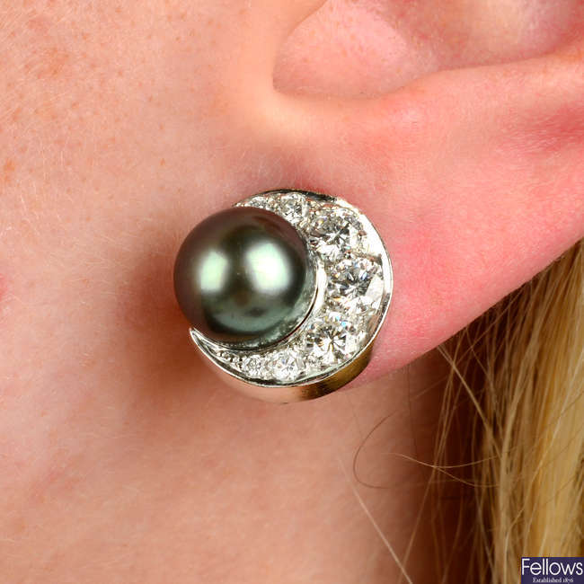 A pair of 18ct gold Tahitian cultured pearl and diamond earrings.