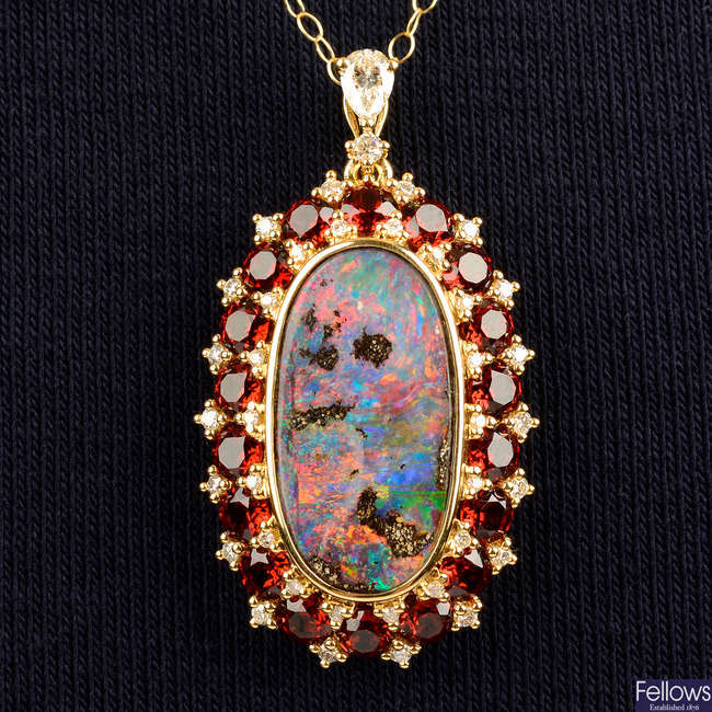 A boulder opal, garnet and diamond pendant, with chain, by Fei Liu.