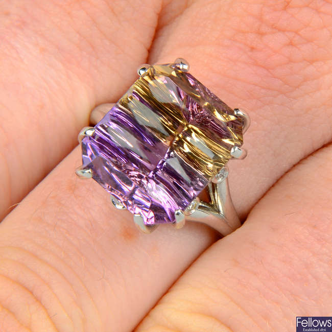 An ametrine and diamond dress ring.