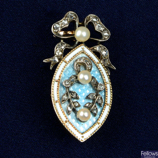 A late Victorian gold, seed pearl, rose-cut diamond and blue and white enamel brooch.
