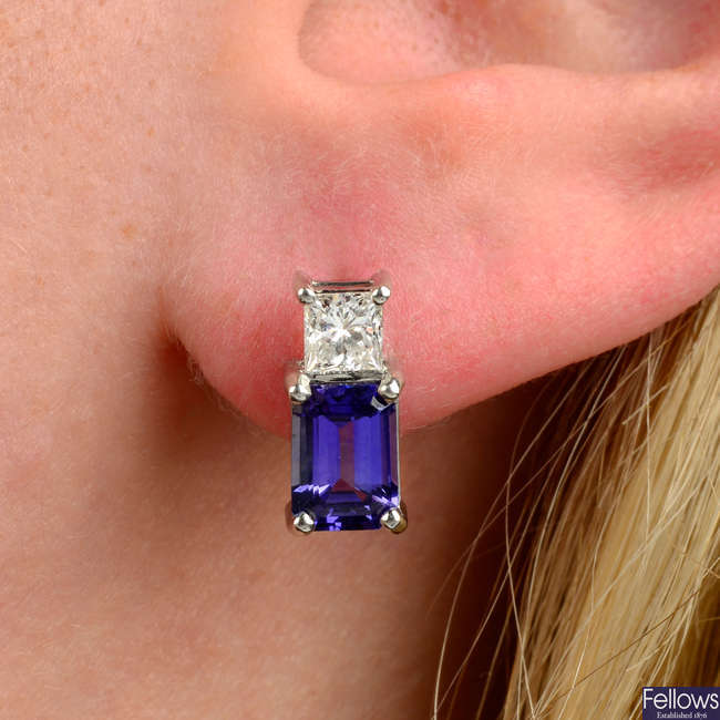 A pair of 18ct gold tanzanite and square-shape diamond stud earrings, by Weston Beamor.