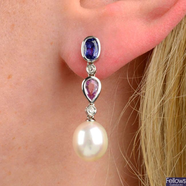 A pair of 18ct gold sapphire, pink sapphire, diamond and cultured pearl earrings.