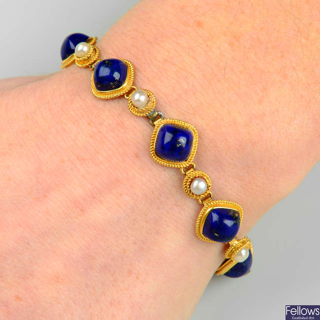 A lapis lazuli and seed pearl bracelet.