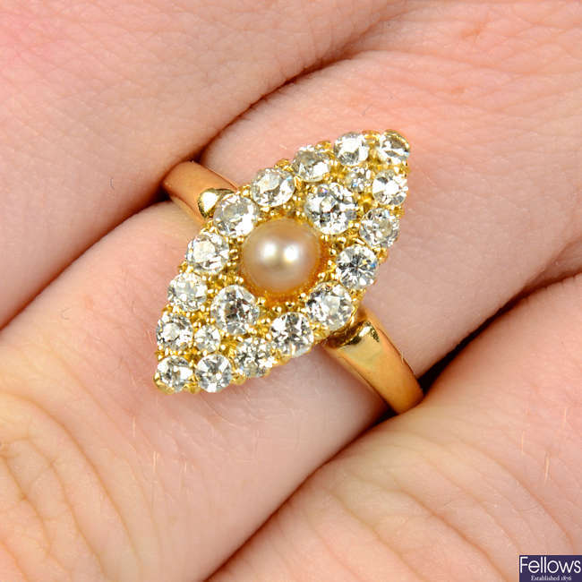 An early 20th century 18ct gold split pearl and old-cut diamond marquise-shape ring.