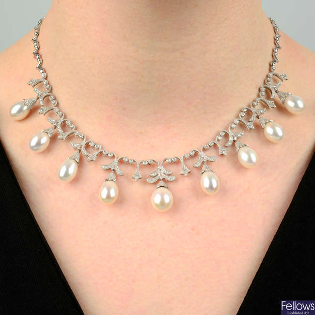 A cultured pearl and diamond fringe necklace.