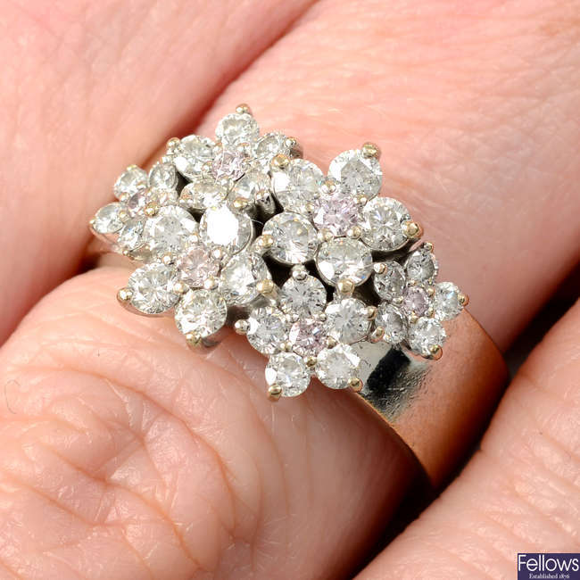 A 'pink' diamond and diamond scattered floral cluster ring.