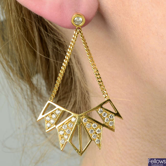 A pair of brilliant-cut diamond geometric earrings, by Janis Savitt.
