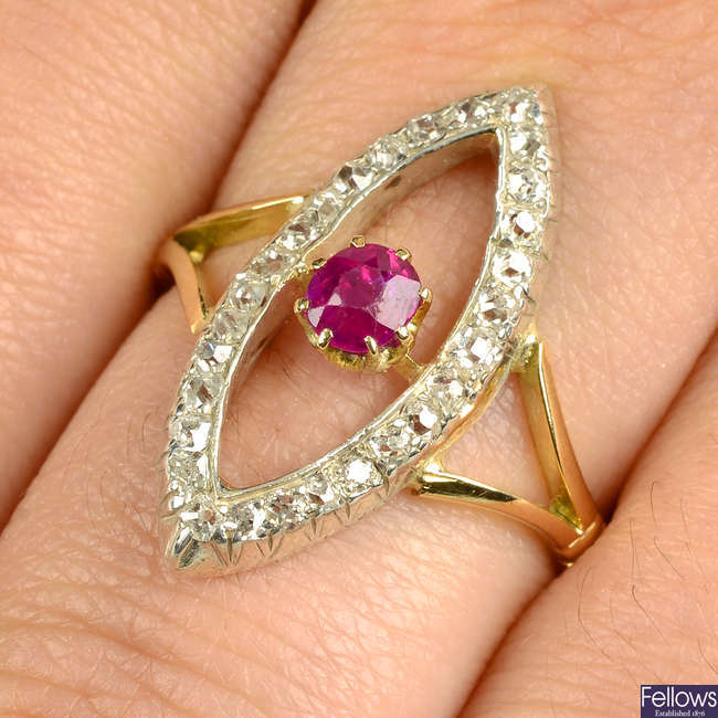 A Burmese ruby and old-cut diamond navette-shape ring.