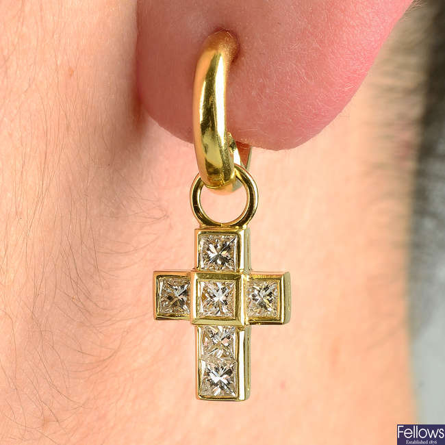 A pair of 18ct gold half hoop earrings, with square-shape diamond cross detachable drop, by Theo Fennell.