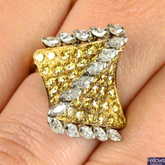 A pavé-set 'yellow' diamond and marquise-shape diamond cocktail ring.