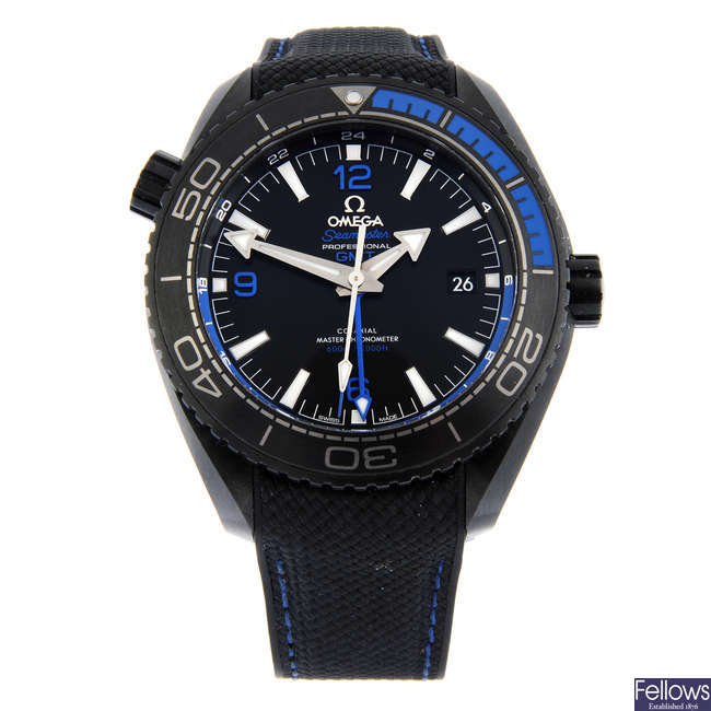OMEGA - a PVD-treated stainless steel Seamaster Planet Ocean Deep Black GMT wrist watch, 44mm.
