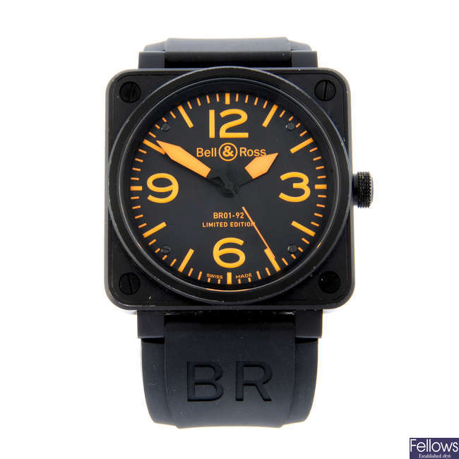 BELL & ROSS - a limited edition PVD-treated stainless steel BR01-92-SO wrist watch, 46mm.