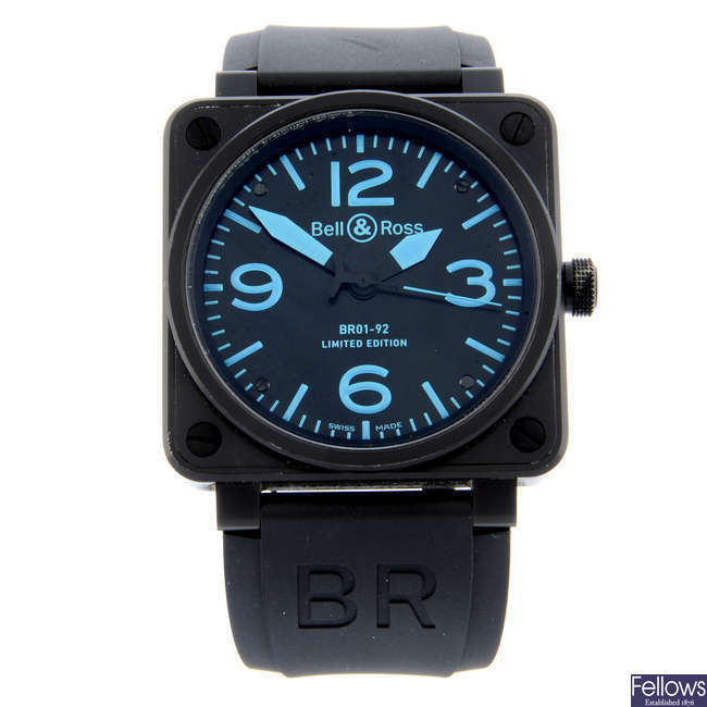 BELL & ROSS - a limited edition PVD-treated stainless steel BR01-92-SBlu wrist watch, 46mm.