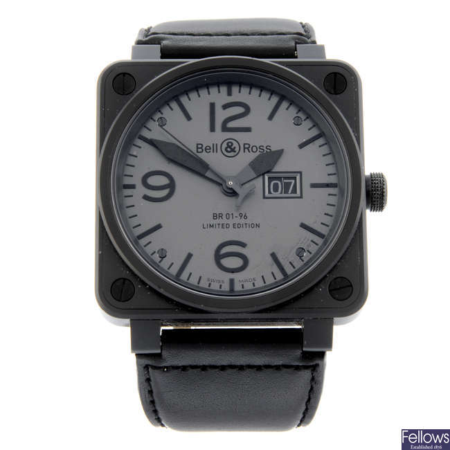 BELL & ROSS - a limited edition PVD-treated stainless steel BR01-96-S wrist watch, 46mm.