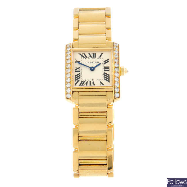 CARTIER - a diamond set 18ct yellow gold Tank Française bracelet watch, 20x20mm.