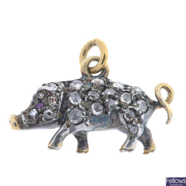 Early 20th diamond pig charm, with ruby eyes