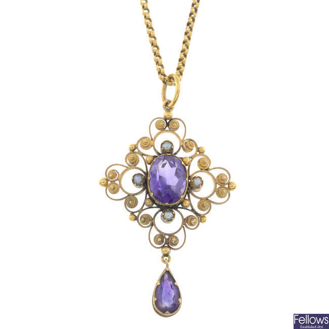 Victorian amethyst & split pearl pendant & chain