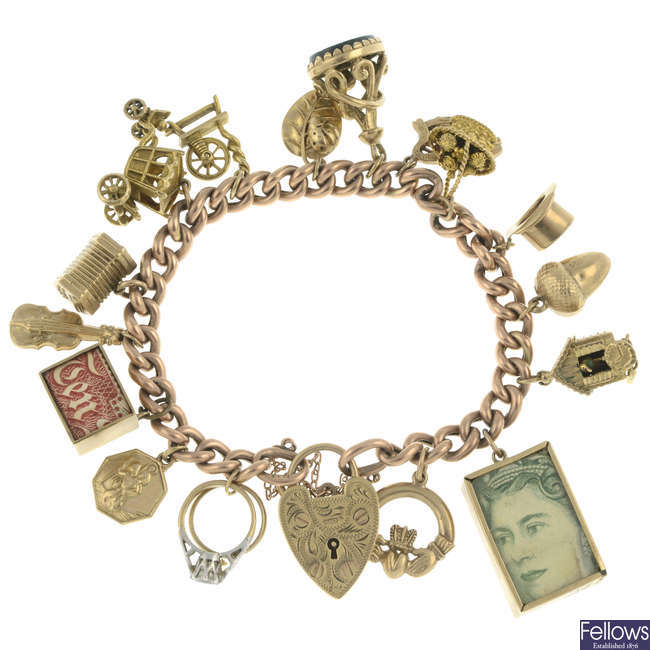 9ct gold charm bracelet, suspending variously designed charms