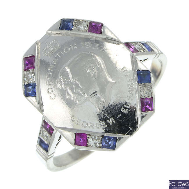 Sapphire, ruby & diamond 1937 Coronation ring