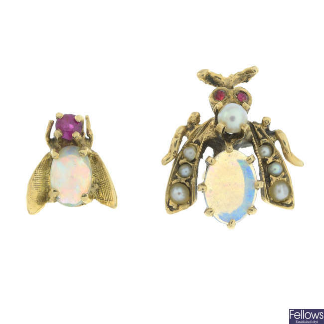 Two opal & gem-set tie pins