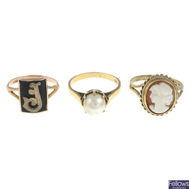Cultured pearl ring, shell cameo ring, initial ring