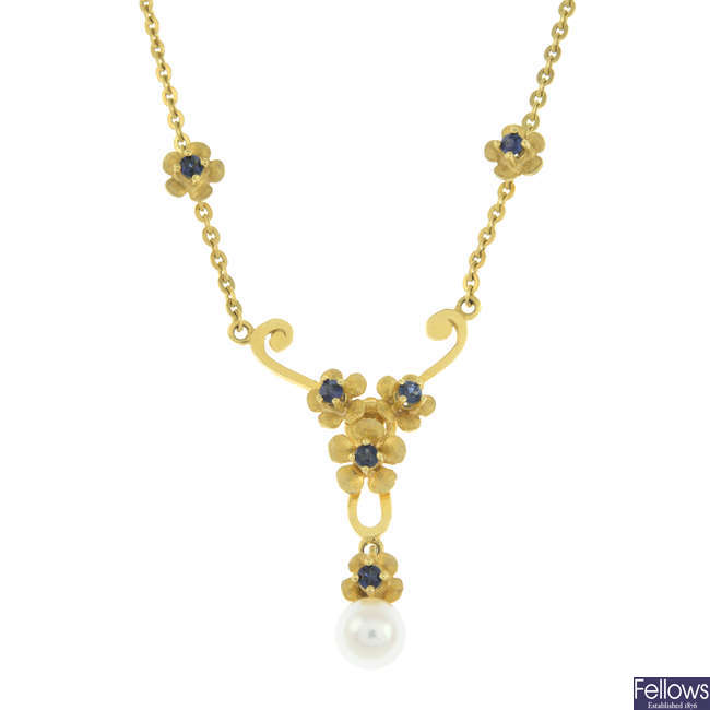 9ct gold cultured pearl & sapphire necklace