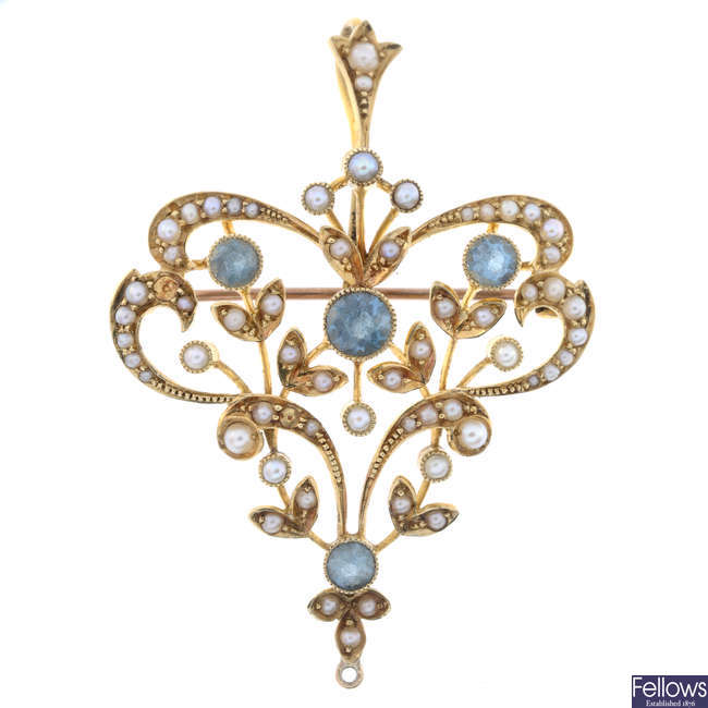 Edwardian aquamarine & pearl brooch/pendant AF