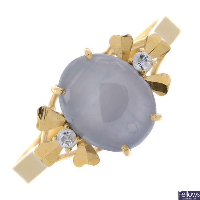 Star sapphire & diamond three-stone ring