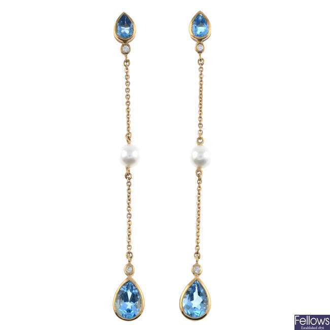 9ct gold topaz, diamond & cultured pearl drop earrings