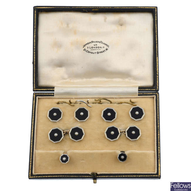 Early 20th gold onyx & split pearl button set