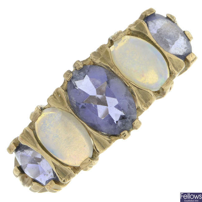 A 9ct gold opal & iolite five-stone ring