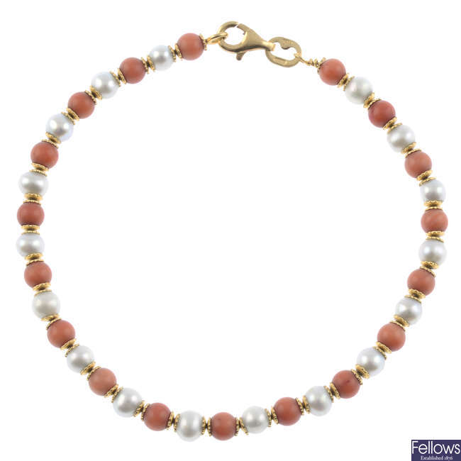 Cultured pearl & coral single-strand bracelet