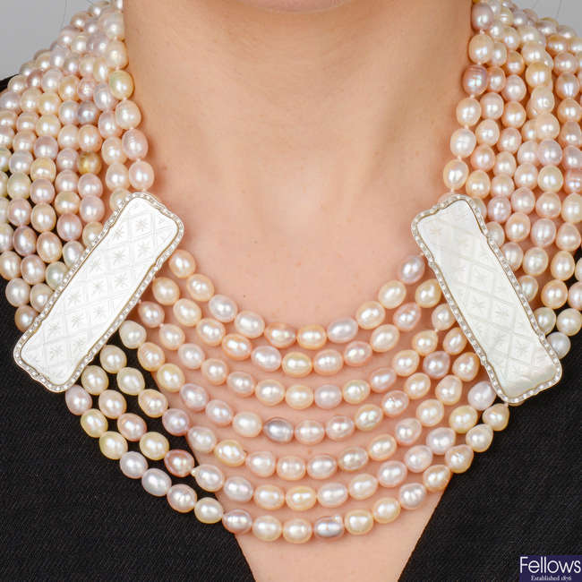 Cultured pearl necklace, with carved spacers